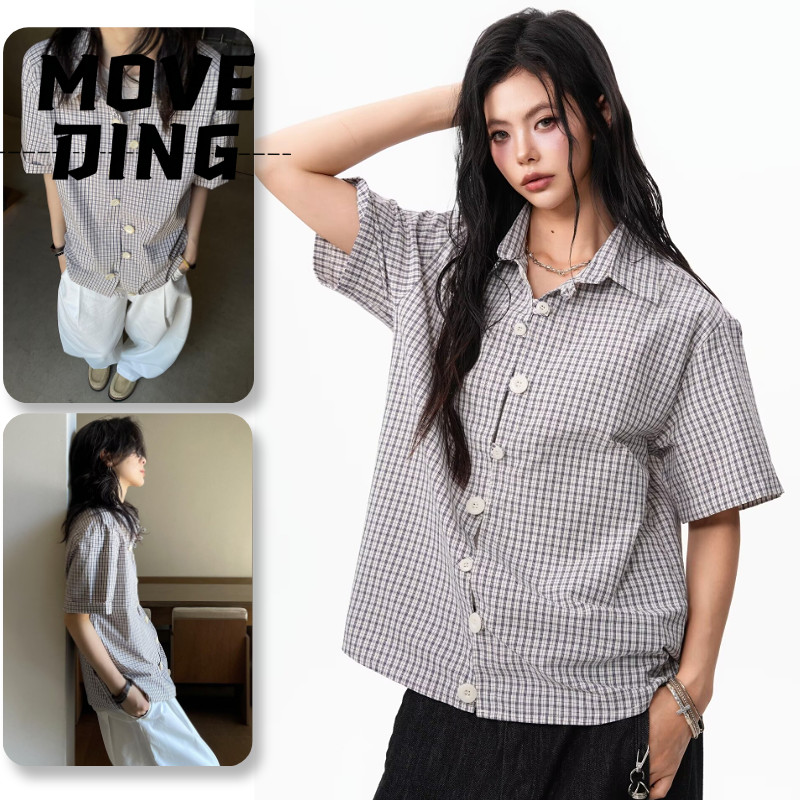 Camisa Masculina MoveDing , Manga Curta , Marca Japonesa Da Moda , Xadrez E Bonita