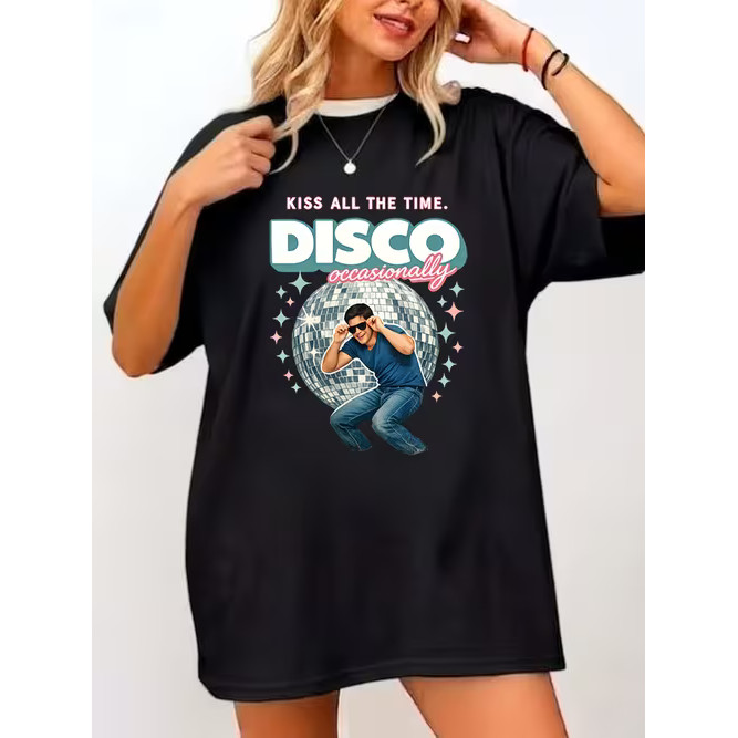 Camiseta Feminina Estampa Disco Retro Letras Coloridas Confortável Linda Estilosa Moda Feminina Casual