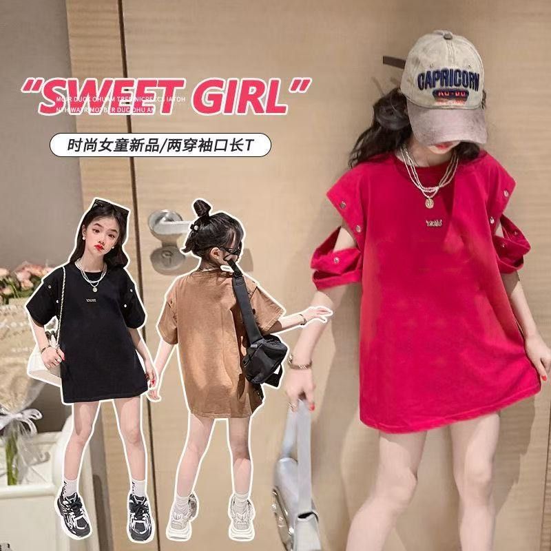 Meninas camisetas de manga curta verão grandes crianças meia manga estilo ocidental solto All-Match na moda puro algodão
