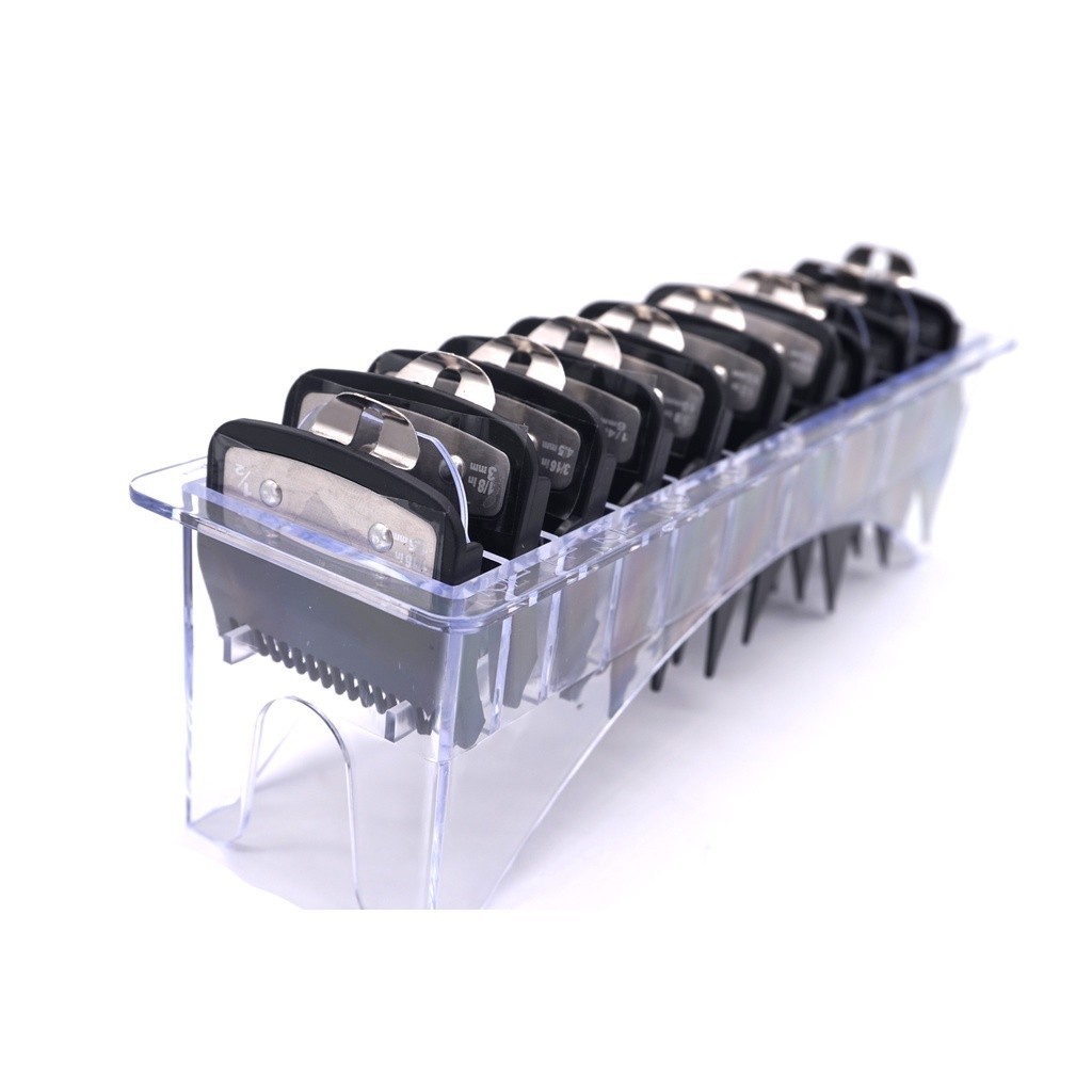 Kit 10 Pentes Especiais Degrade Com Trava De Metal Pra Maquina de Corte Wahl com Suporte Acrílico