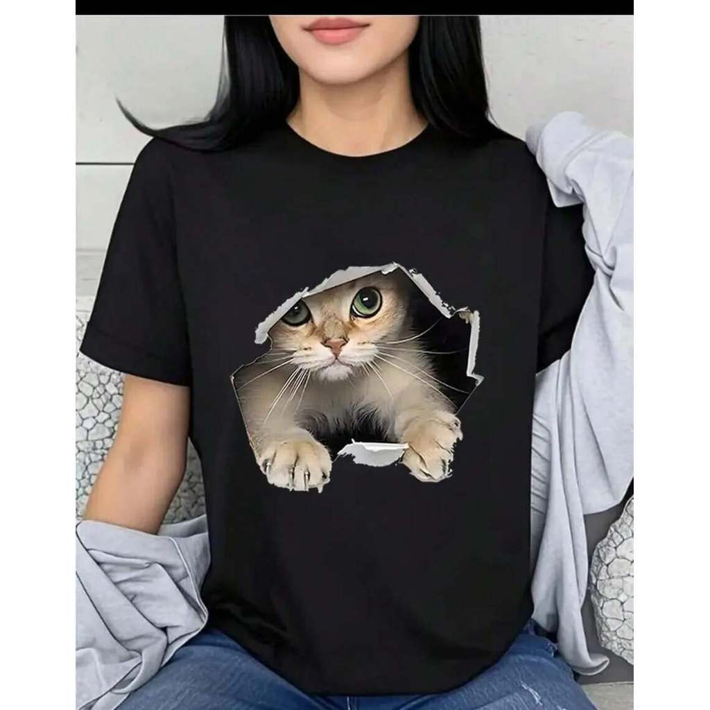 Camiseta Feminina 100% algodão casual unissex estampada estilosa Confortável Modelo: "Gato Saindo"