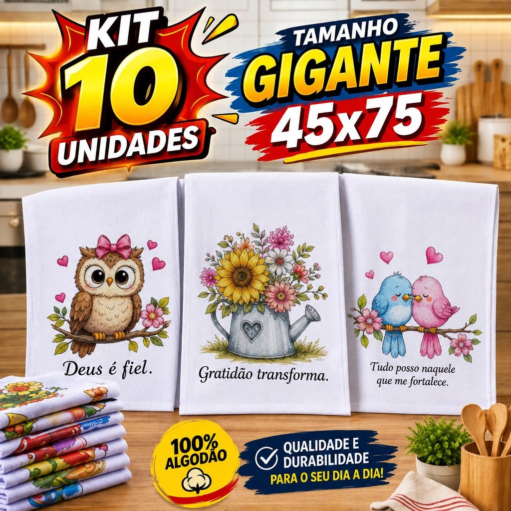 Pano de Prato Estampado Bainha Kit com 10 Peças