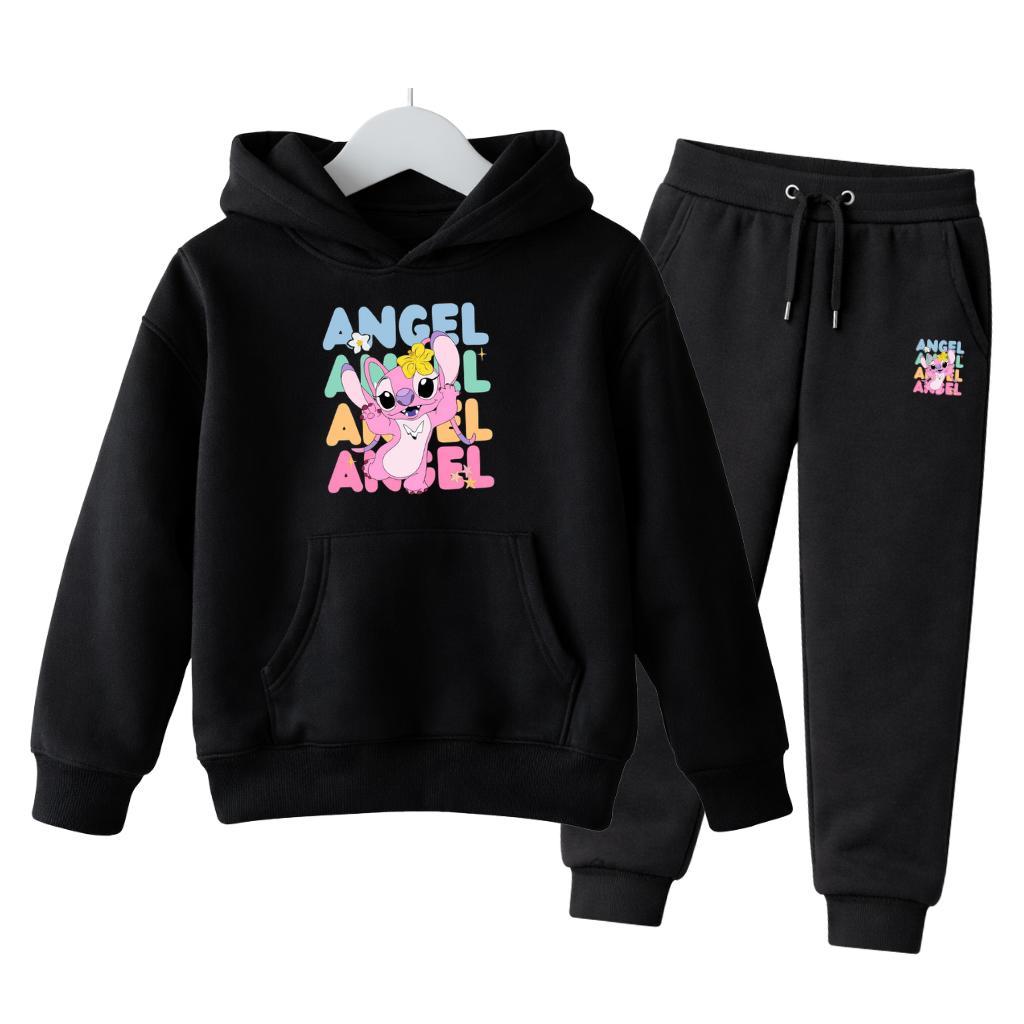Conjunto Moletom Infantil Feminino Capuz Bolso Canguru Blusa de Frio Stith Angel Desenho modinha Meninas Flanelado
