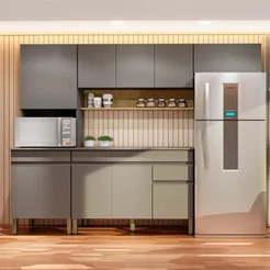 Cozinha Compacta Modulada 4 Peças com Balcão 120cm com Tampo Line Cinza/Gris/Freijó Gris/Freijó