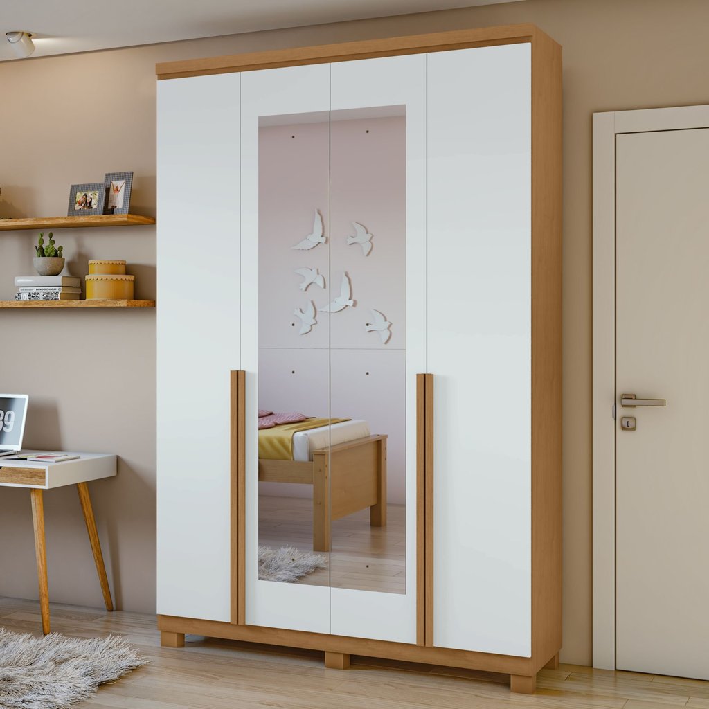 Guarda Roupa Solteiro 4 Portas 2 Gavetas com Espelho e Pés MDF Alonzo 153.5cm Marrom Amêndoa Clean/Branco Amêndoa
