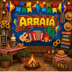 Painel Festa Junina Decoração Arraia com Sanfona Fogueira Fogos Balões 140 cm