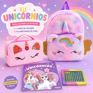 Kit Mochila Unicórnio Menina Estojo Livro De Colorir E Giz de Cera
