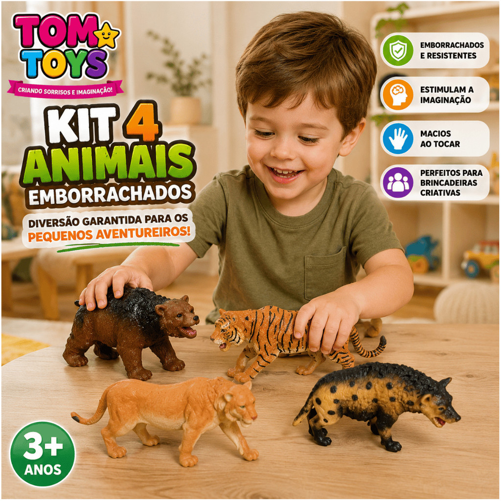Kit 4 Animais Selvagens Emborrachados Infantil Brinquedo Educativo