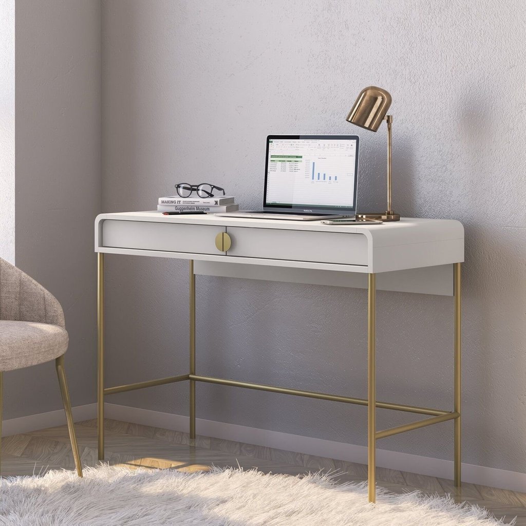 Escrivaninha Mesa Escritório Luna Pés Dourados 2 Gavetas 100cm Industrial Branco e Dourado