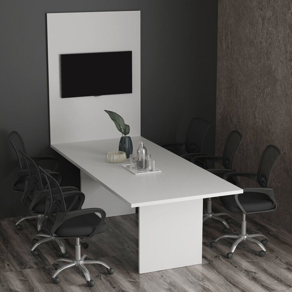 Kit com Mesa para Reunião 6 Lugares e Painel para TV até 37 Polegadas Branco Branco