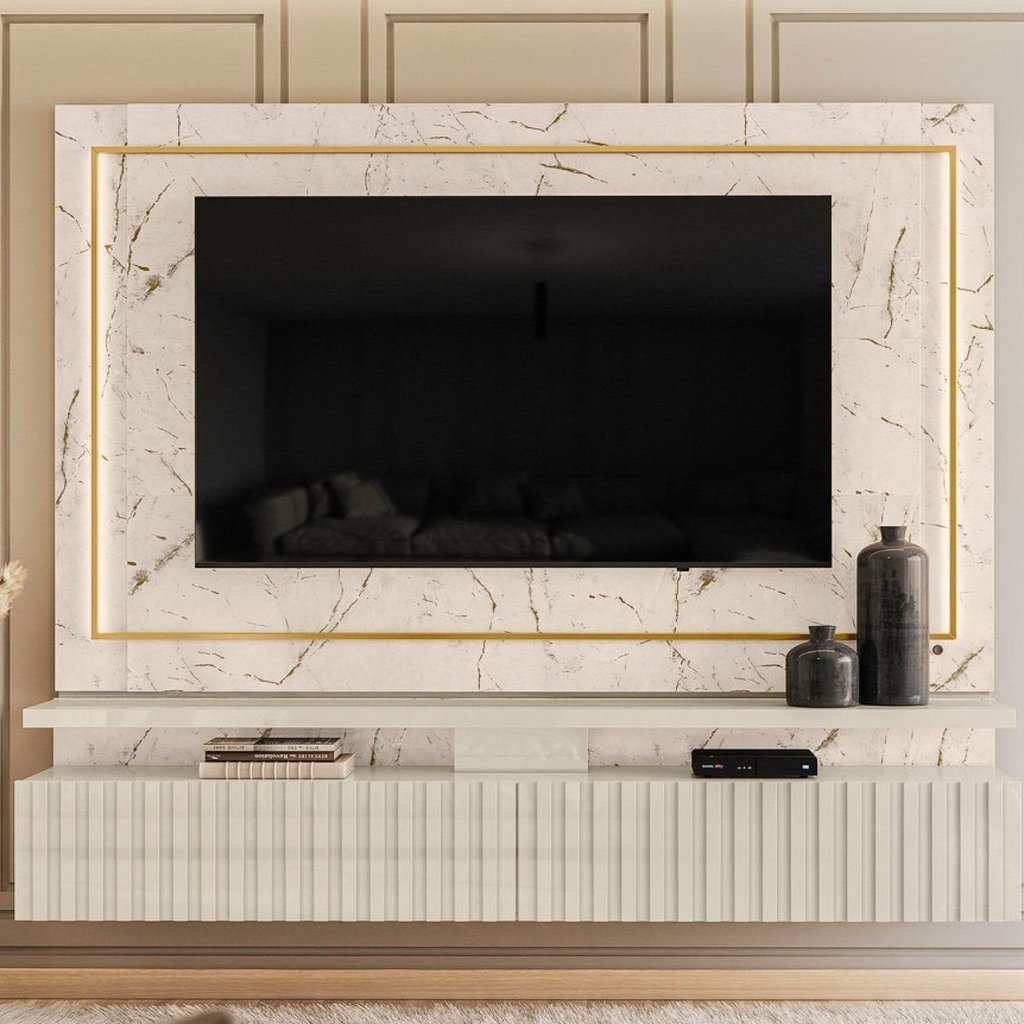 Painel Ripado para TV até 75 Polegadas com LED 2 Gavetas 181,5x216cm Gaia Yescasa Branco Calacata/Offwhite