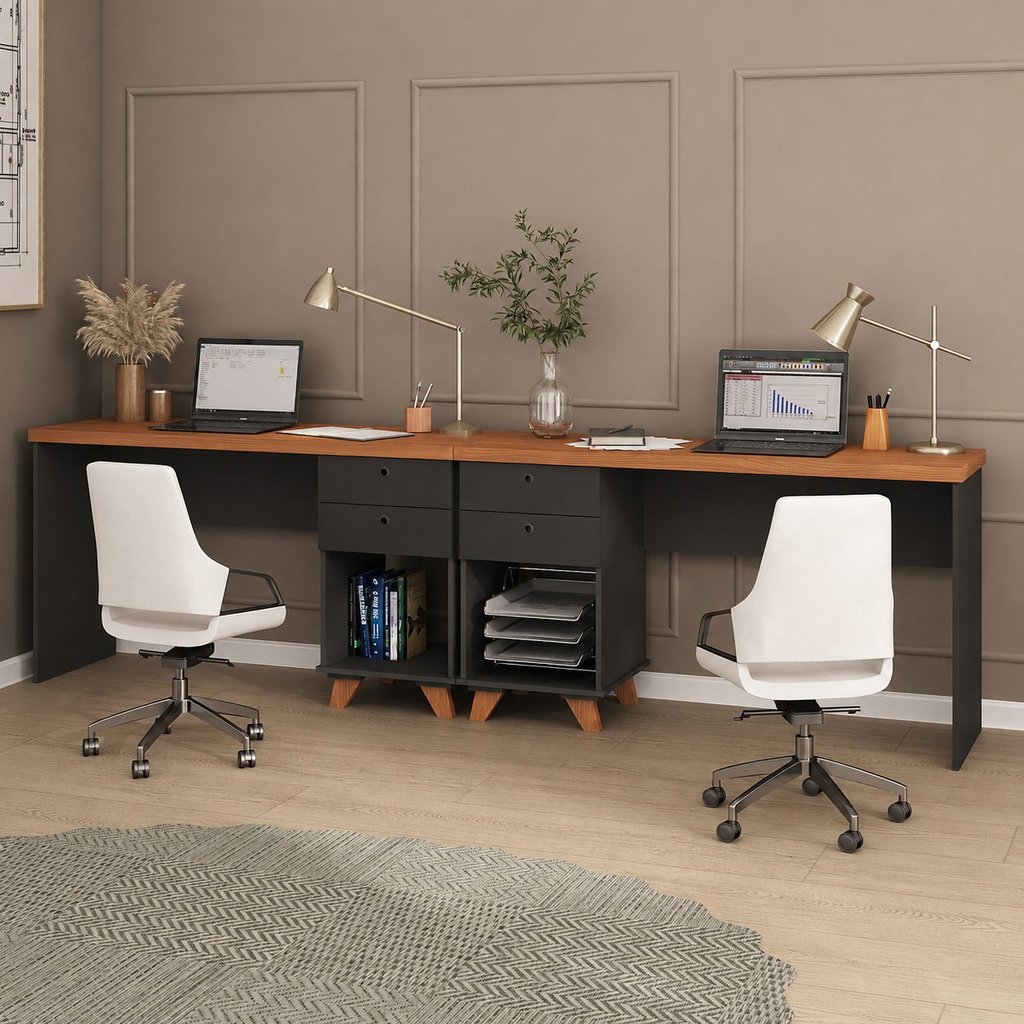 Kit Home Office e Escritório Completo para 2 Pessoas - 2 Peças Sky Retrô Preto/Freijó Artany Freijó/Preto