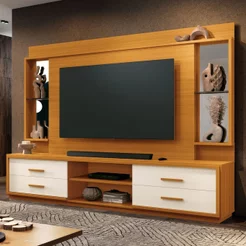 Estante para TV para TV até 75 Polegadas com Espelho e Vidro Marrom 192x240cm Leni Cedro/Off White