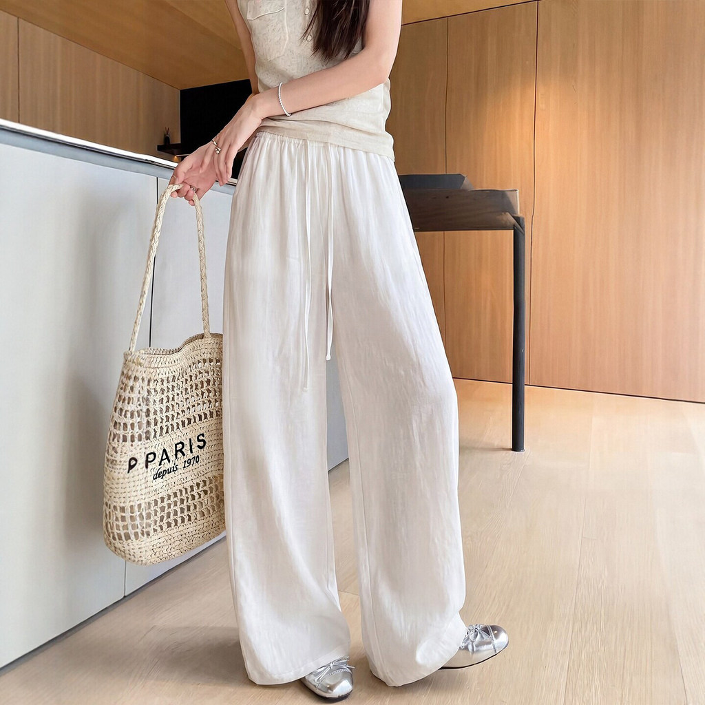 Calças brancas femininas estilo fino 2026 novo estilo de seda gelo Ya calças retas pequenas soltas preguiçosas calças de