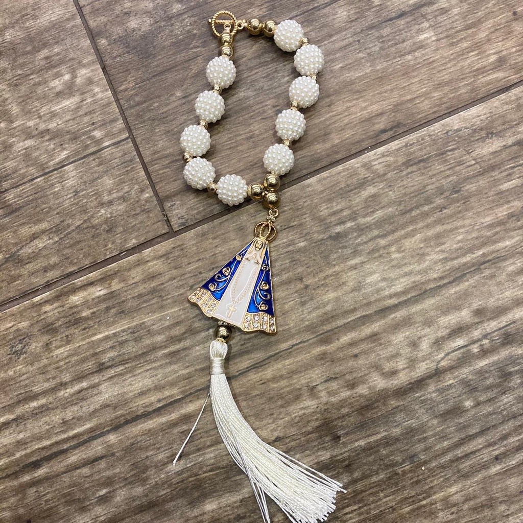 Terço Dezena de Nossa Senhora Aparecida perola amora bege com fecho