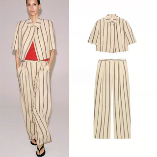 Novo Blazer curto listrado feminino7005786 Calças largas plissadas1965786 Conjunto de conjunto de conjunto