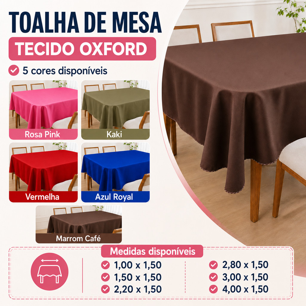 Toalha de Mesa Retangular em Tecido Oxford Liso para 4, 6, 8 e 10 Lugares Várias Cores — imagem 2 de 2