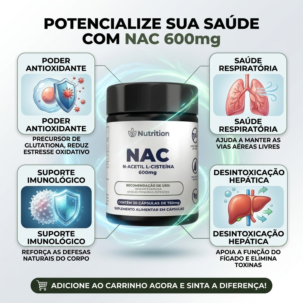 NAC Nutrition 600mg | N-Acetil L-Cisteína - 60 Cáps - 120 Cáps - 180 Cáps — imagem 2 de 2