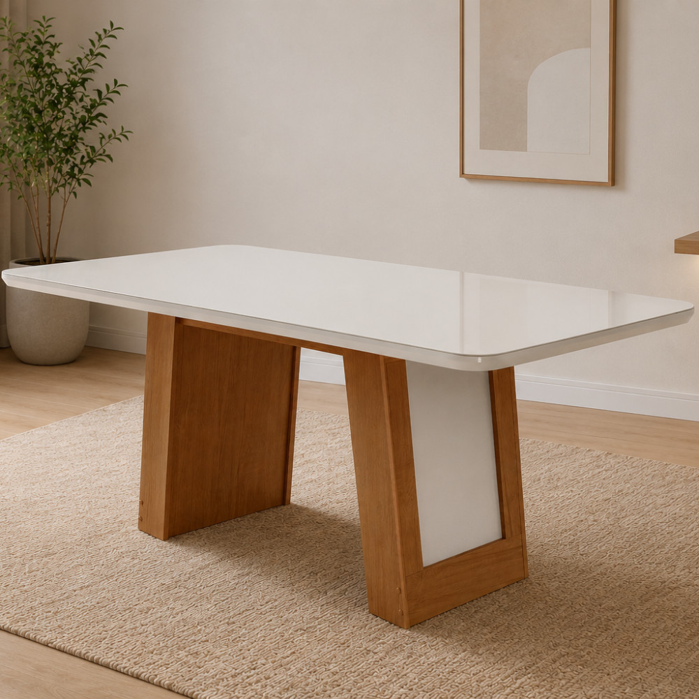 Mesa de Jantar Carolina 180cm com Tampo MDF Vidro Canto Copo Moderna Mobília