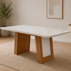 Mesa de Jantar Carolina 180cm com Tampo MDF Vidro Canto Copo Moderna Mobília