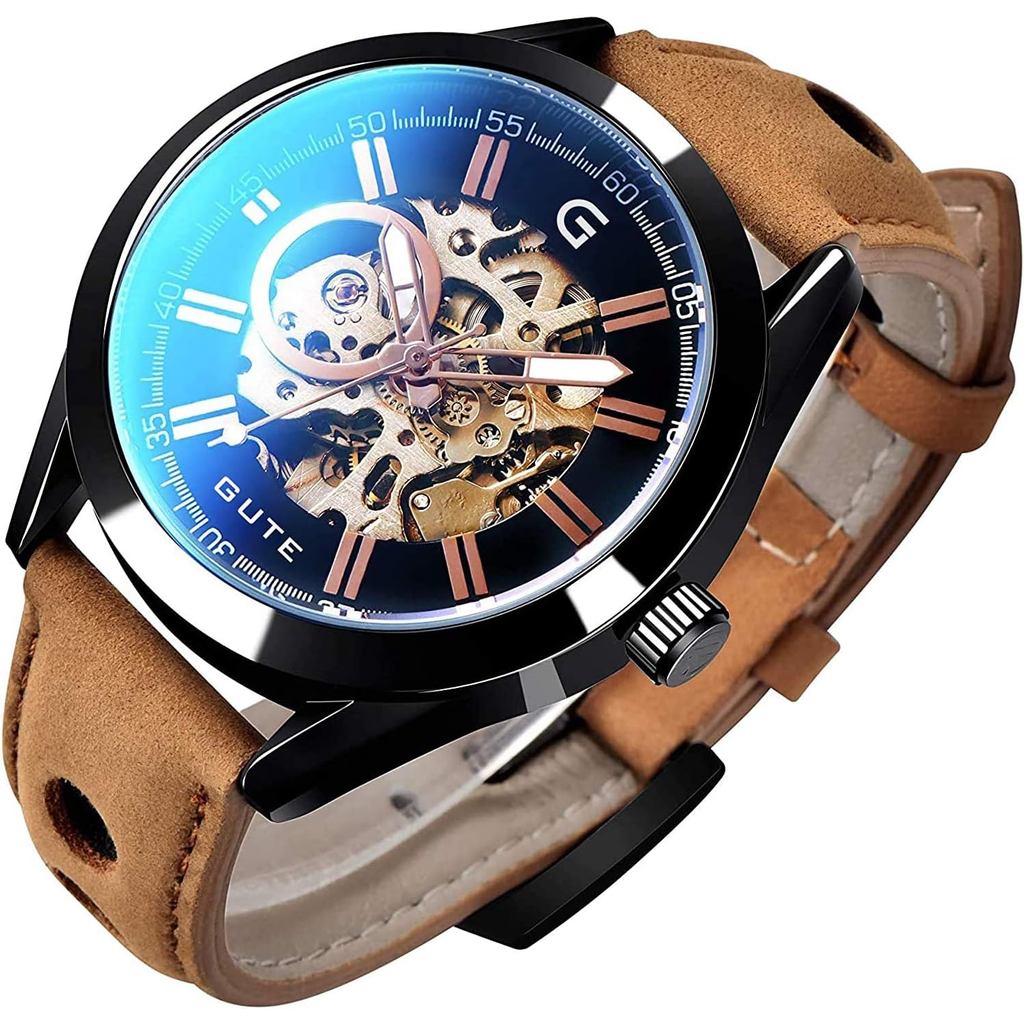 Relógios Masculinos GLEIM Gute, Relógio Mecânico Automático Esqueleto Steampunk para Homens, Relógio Casual com Pulseira