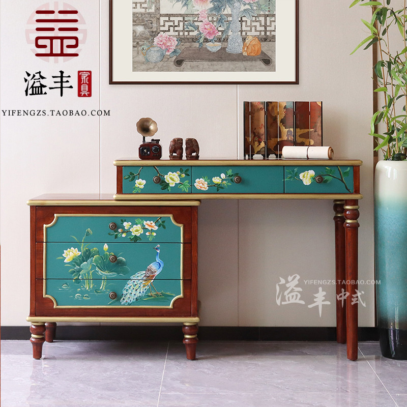 Novo estilo chinês de madeira maciça pintado à mão mesa lateral gabinete combinação lótus pavão padrão penteadeira armár