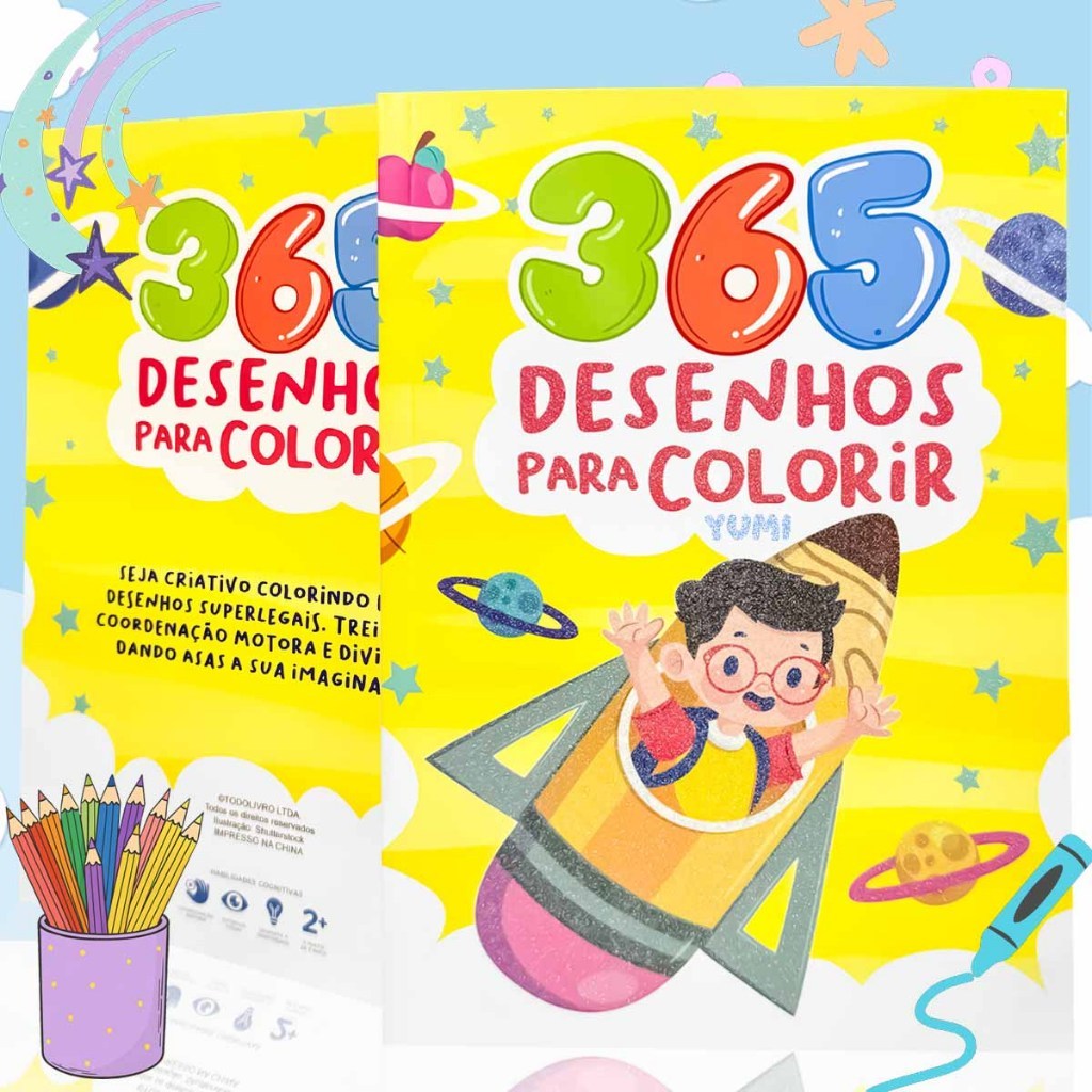 Livro Infantil 365 Desenhos Para Colorir Livro De Pintura Colorir Capa C/ Glitter Folhas Brancas