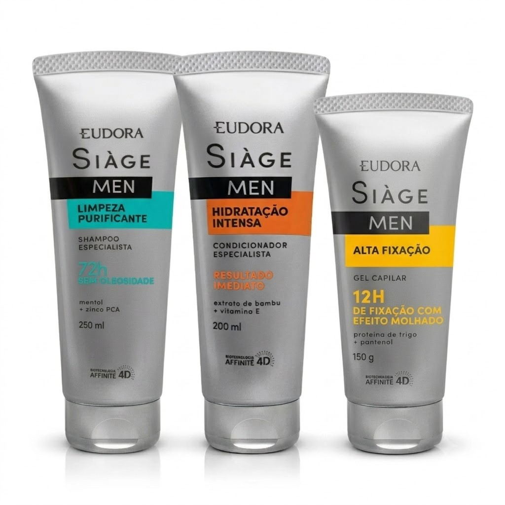 Combo Siàge Men: Shampoo Purificante 250ml + Condicionador Hidratação Intensa 200ml + Gel Capilar 150g