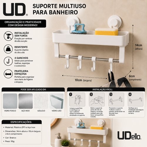 Organizador Multiuso Branco Ganchos Pendurar Compacto Facil Instalacao Organizacao Domestica