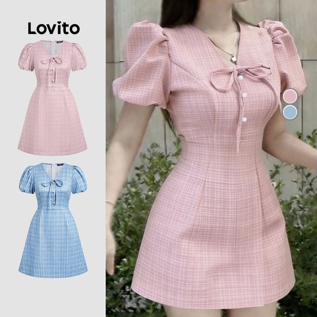 Lovito Vestido Casual Rosa de Primavera/verão para Mulheres com Laço e Botão fro