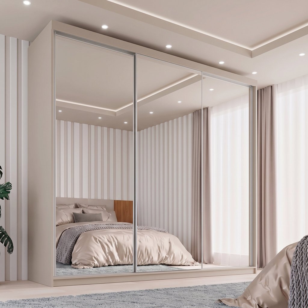 Guarda-Roupa Casal 3 Portas com Espelho 100% MDF Geneve Bege/Panna Panna
