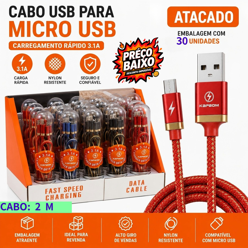 Atacado Cabo Carregador KAPBOM Micro USB 3.1A, 2 Metros Revestimento Jeans Resistente, Embalagem Em Tubo