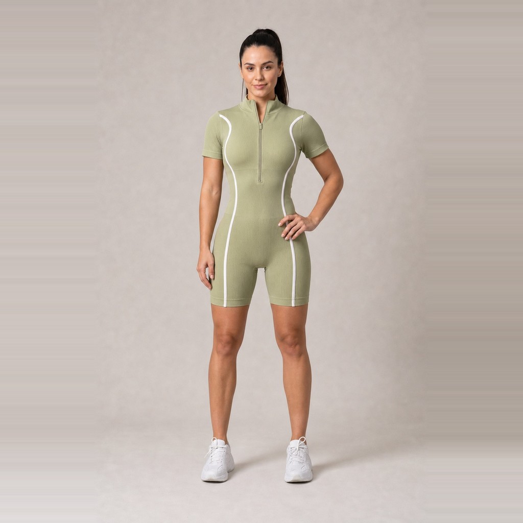 Macaquinho Canelado Feminino de Academia Fitness Zíper Frontal Modelador Poliamida Premium