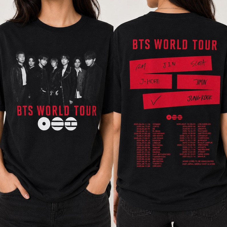 Camisa de Cotton Preta com Design do Tour do BTS - Ideal para Fãs e Eventos