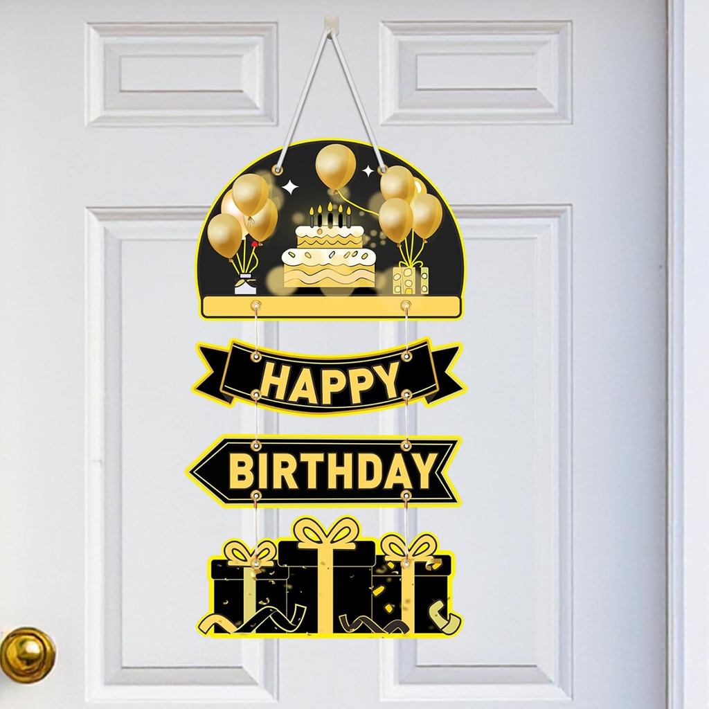 Faixa de Feliz Aniversário para Porta, Preta e Dourada, Decoração Suspensa Pré-Montada, 24x13 Polegadas, Tecido de Polié