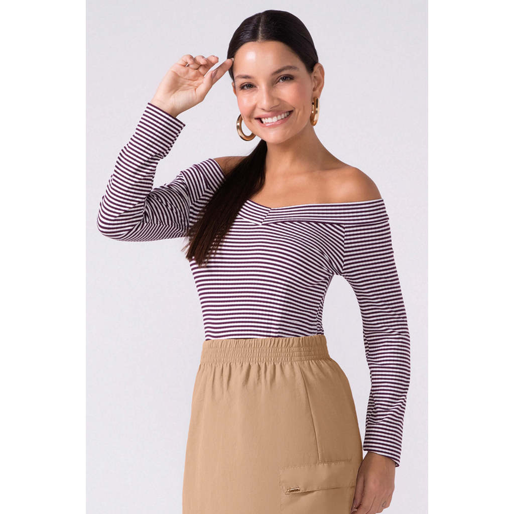 Blusa Feminina Ombro a Ombro Canelada Listras Marialícia Roxo