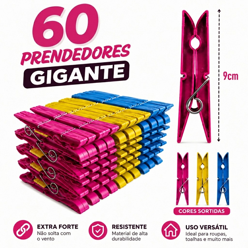 Kit com 60 / 48 / 36 / 24 / 12 - Prendedores de Roupas Plástico GIGANTE Mega Reforçado - Cores Sortidas!