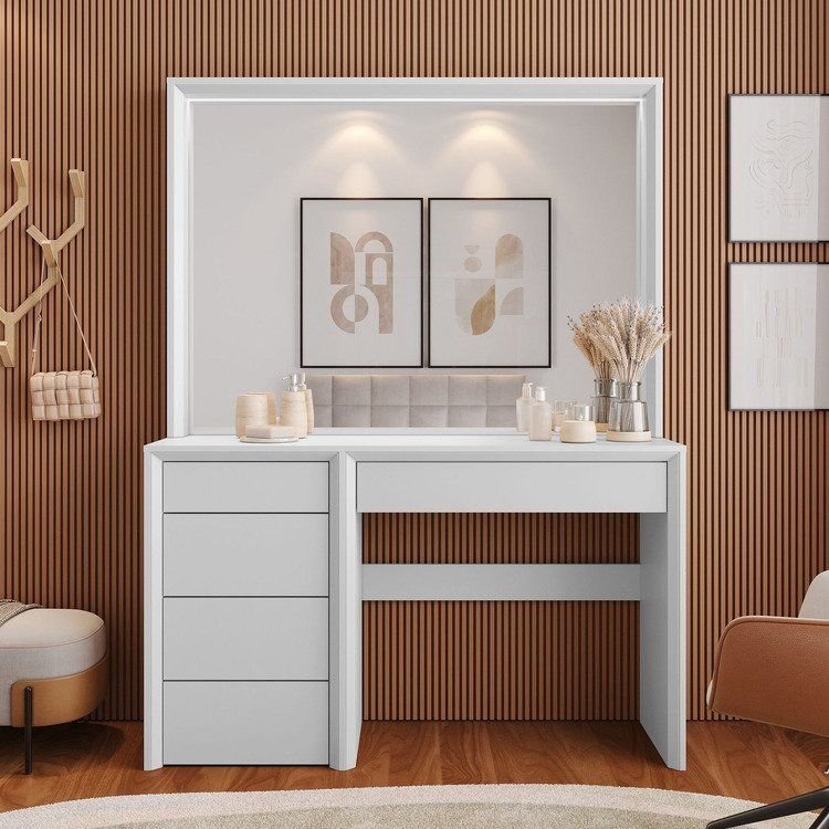 Penteadeira 5 Gavetas Prime 100% MDF com Espelho Branco Acetinado