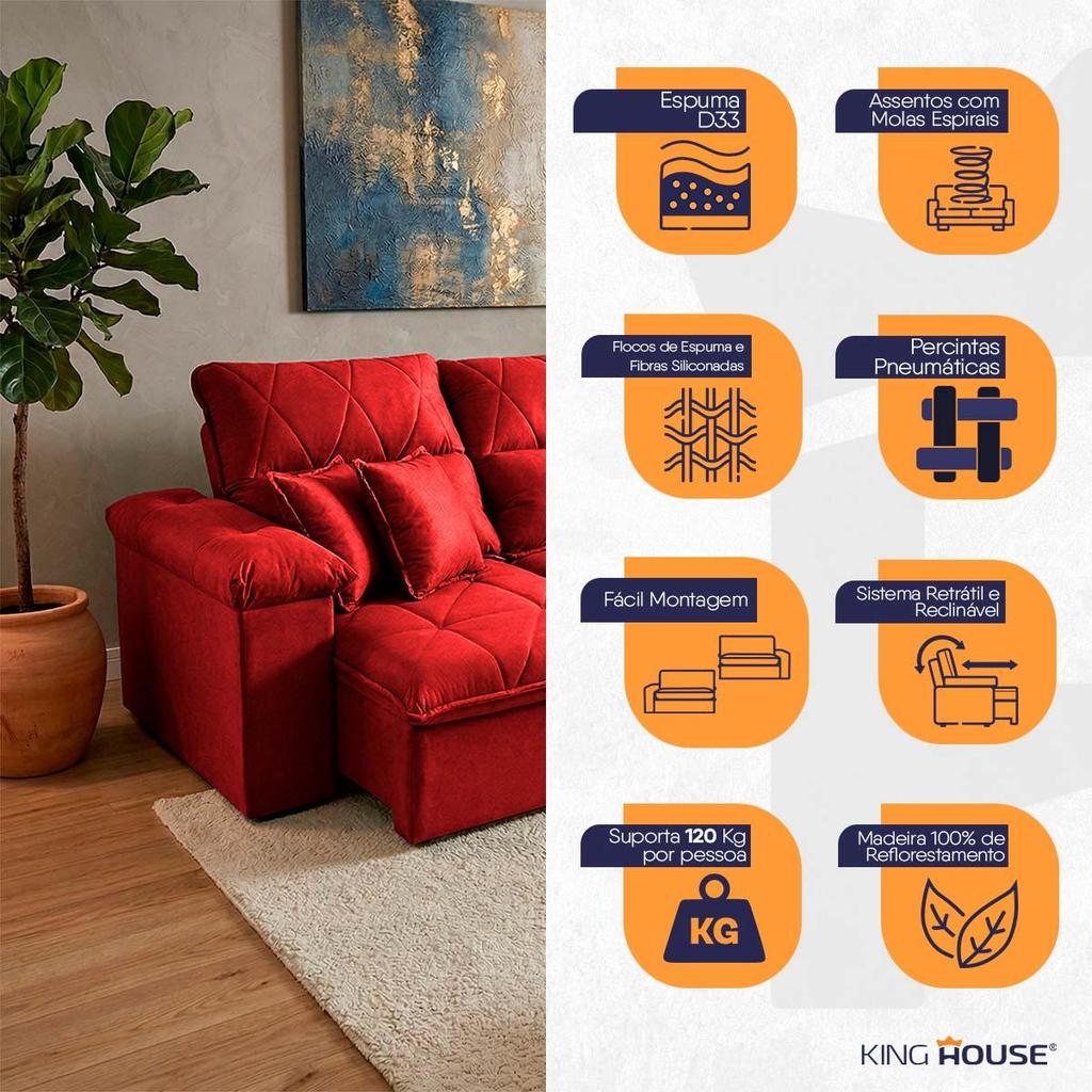 Sofá Retrátil Reclinável Trento 2,30m Suede Velut Vermelho Molas no Assento - King House · foto 2