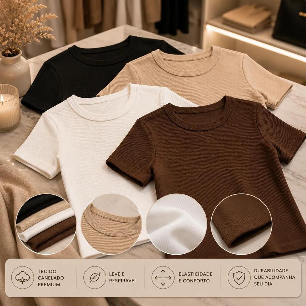 Kit 4 Blusas Femininas Ribana Canelada Manga Curta Básica Casual Confortável Estilosa Para Dia a Dia Moda Feminina Verão