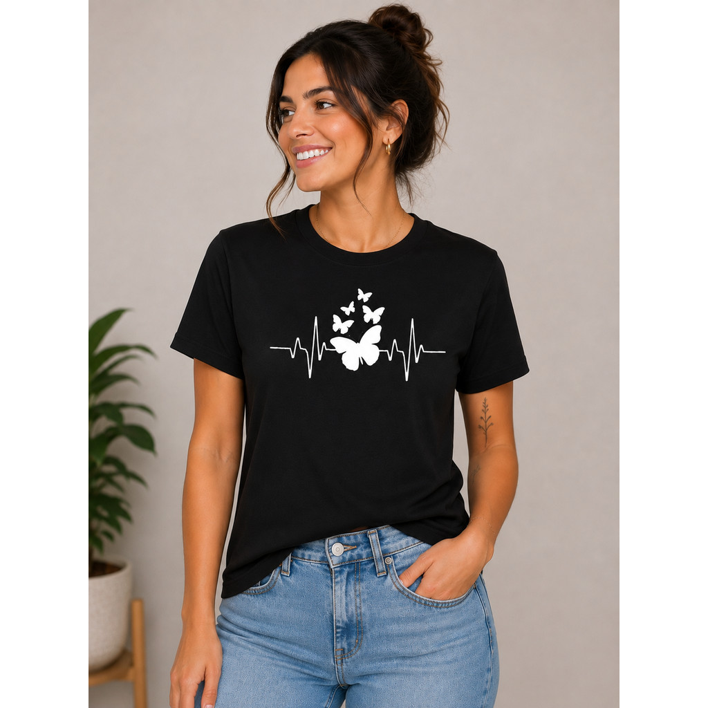 Camiseta Feminina Masculina Unissex Estilosa Algodão Estampada Borboleta Manga Curta Blusa Camisa Blusinha Casual Básica