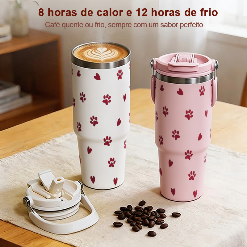 Garrafa copo Térmica 900ml Inox Pata de gato Isola Quente Frio Dupla Bebida Tampa Antivazamento Para Viagem e trabalho — imagem 2 de 2