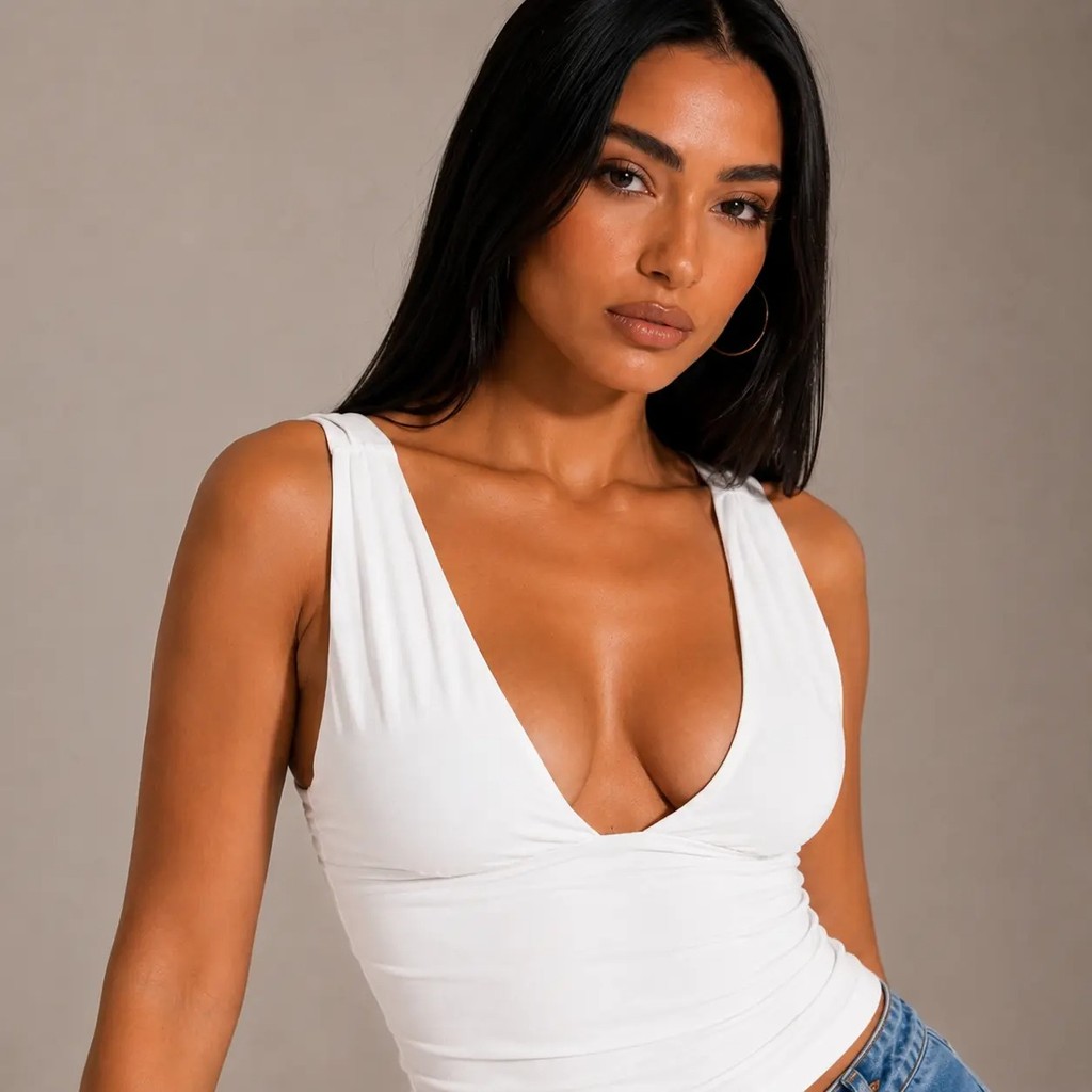 Blusa Feminina Decote V com Busto Duplo e Modelagem Ajustada