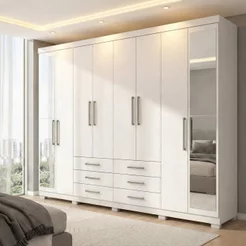 Guarda Roupa Casal com Espelho e Pés 8 Portas e 6 Gavetas Master Branco Branco