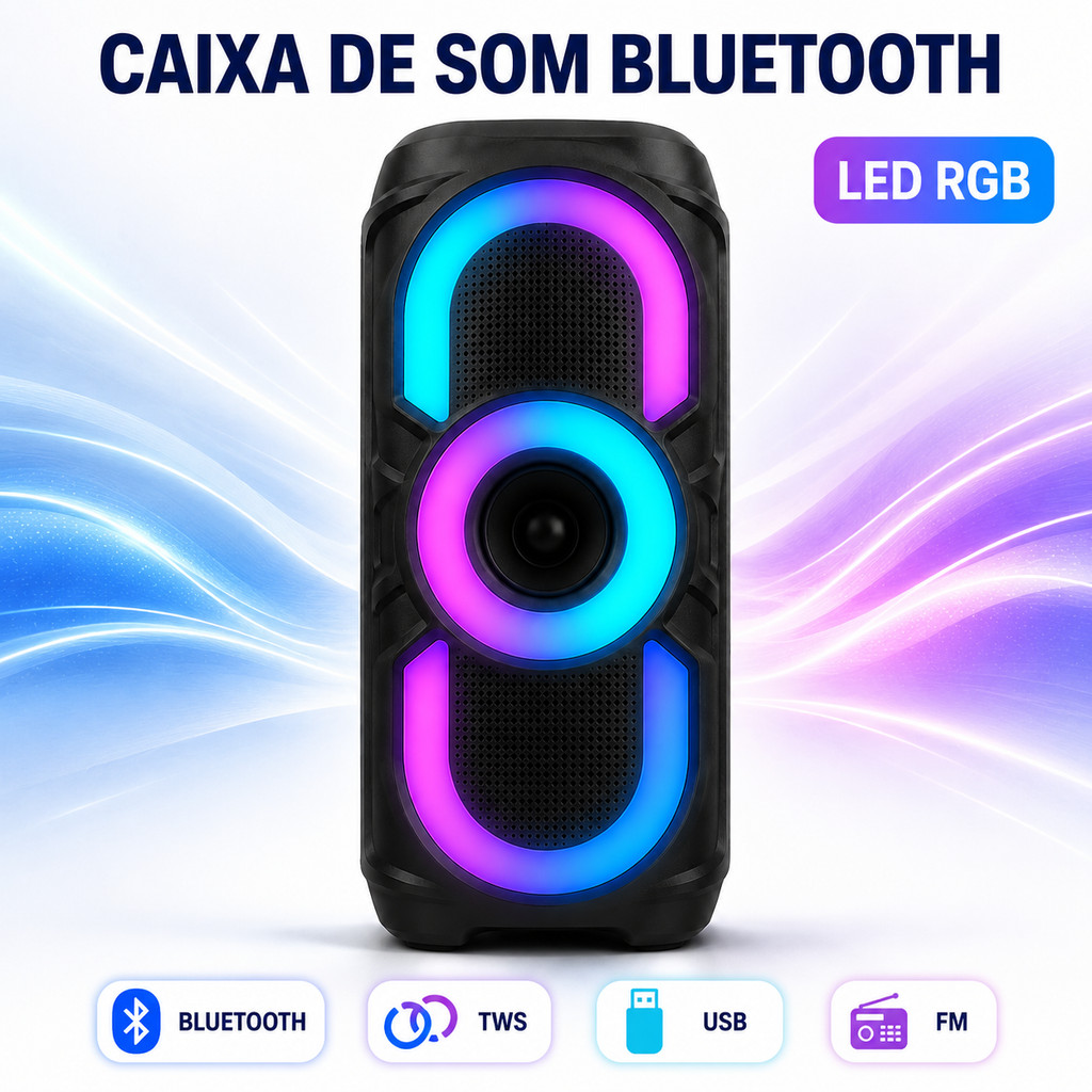 Caixa de Som Bluetooth Portátil 50W com Karaokê, LED RGB, TWS, USB e Entrada para Microfone