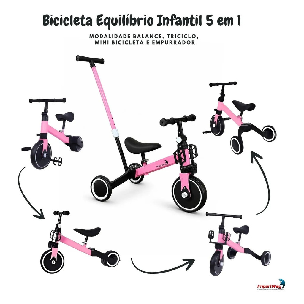 Bicicleta Equilíbrio 5 Em 1 Balance Triciclo Empurrador Rosa — imagem 2 de 2