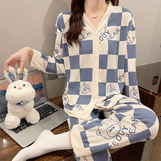 Pijamas femininos primavera verão outono puro algodão de manga comprida 2022 novo estilo macio e confortável bonito urso