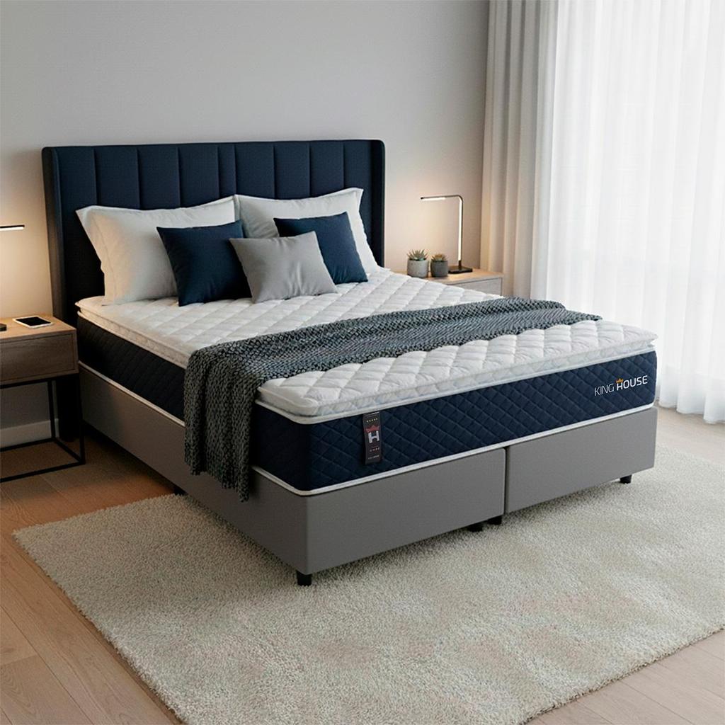 Conjunto Cama Box c/ Molas Ensacadas Lagras Azul King 193x203x66