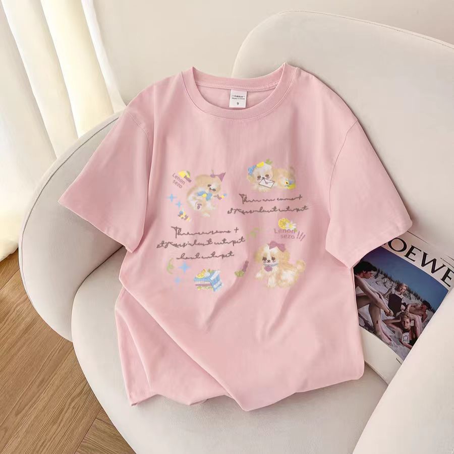 Meninas puro algodão rosa versão coreana impresso camiseta de manga curta estilo preguiçoso verão médio grande crianças 