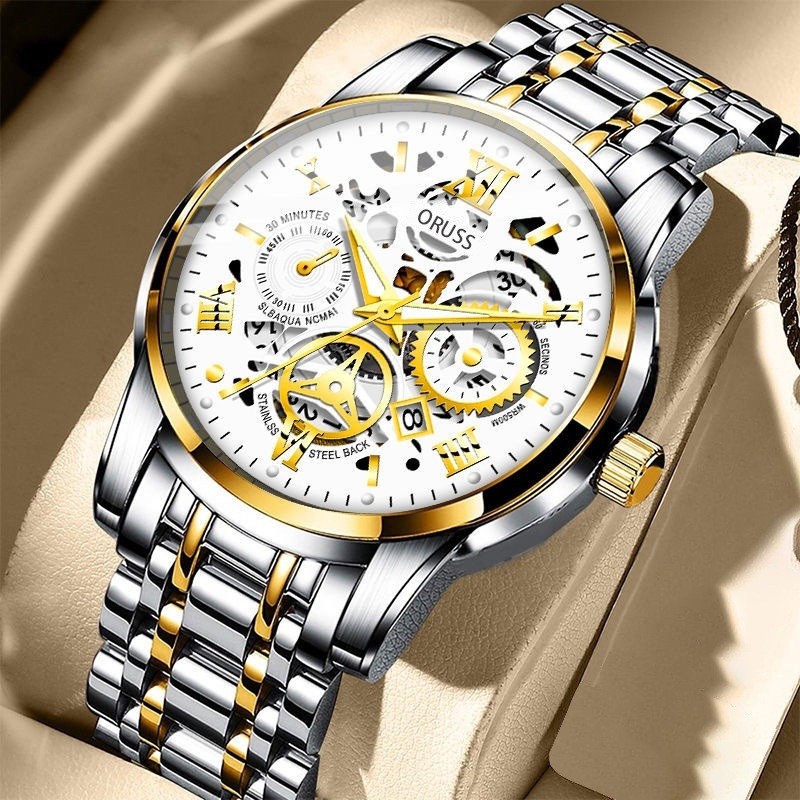 ORUSS 100 % Original Luxo Oco Aço Inoxidável Ouro Moda Negócios Masculino Relógio Calendário Luminoso À Prova D'água